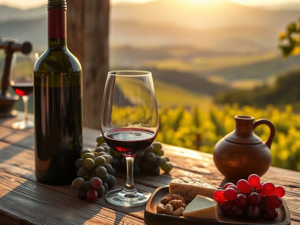Gruzińskie czerwone wino na rustykalnym stole z qvevri, winogronami, serem i orzechami, na tle słonecznych winnic.