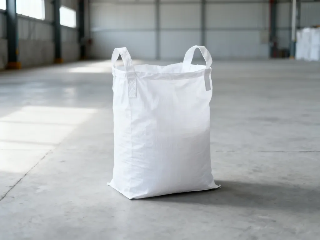 Pusty, biały worek typu big bag stojący na betonowym podłożu w jasnym, industrialnym wnętrzu.
