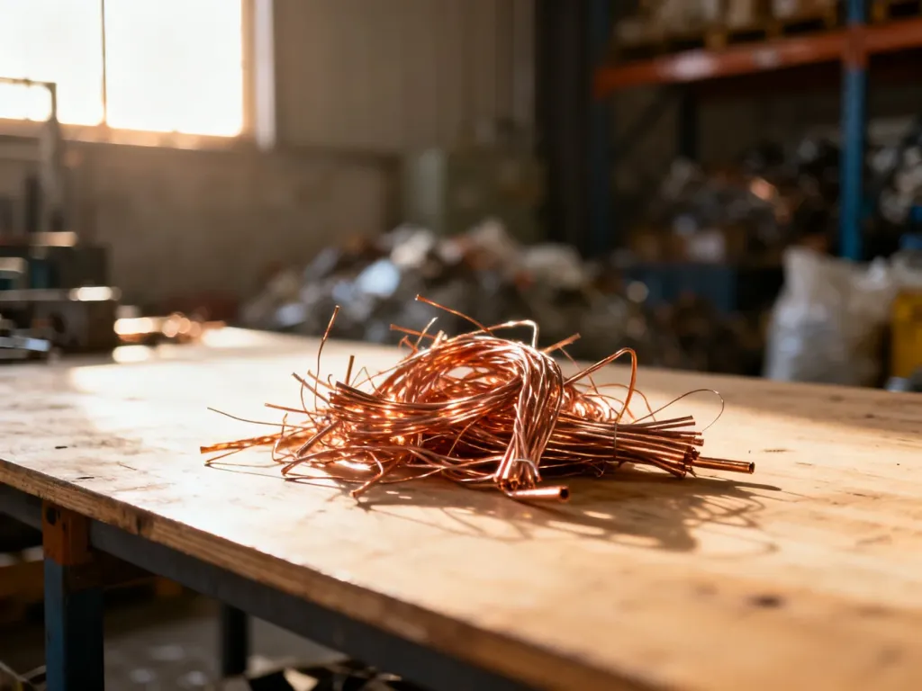 Sterta błyszczącego złomu miedzianego i przewodów na drewnianym stole w zakładzie recyklingu.