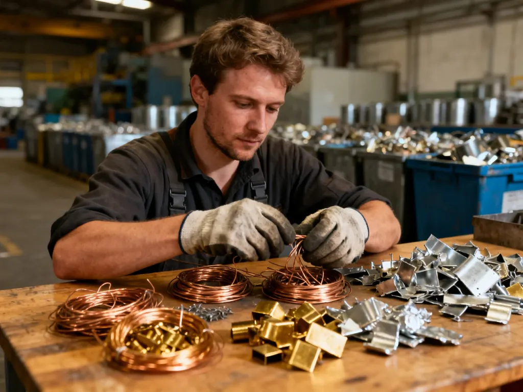 Pracownik w rękawicach roboczych sortuje złom miedzi i aluminium na drewnianym stole w zakładzie recyklingu.