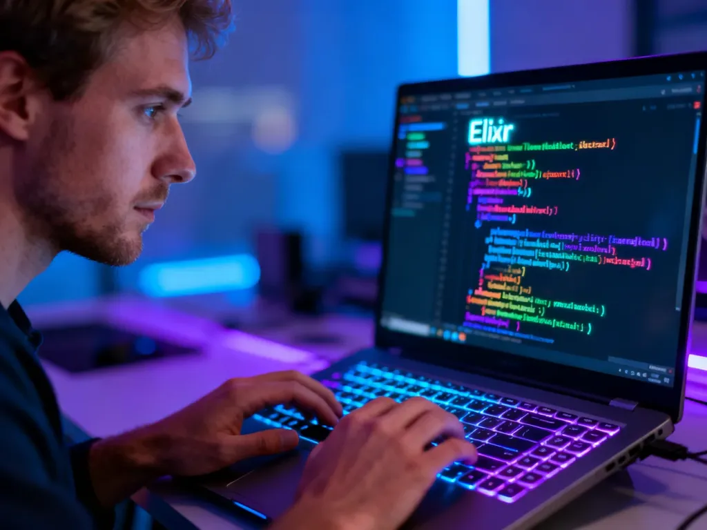 Programista pracujący przy komputerze z widocznym kodem w języku Elixir w nowoczesnym biurze.