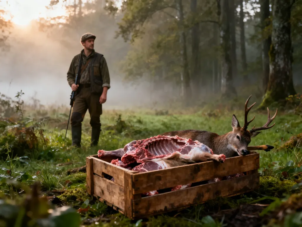 Myśliwy w leśnej scenerii obok skrzynki ze świeżą dziczyzną, ilustrujący temat skupu mięsa z polowań.