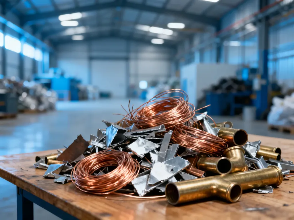 Różnorodne odpady metali kolorowych, takie jak miedź i aluminium, przygotowane do recyklingu w nowoczesnym zakładzie.