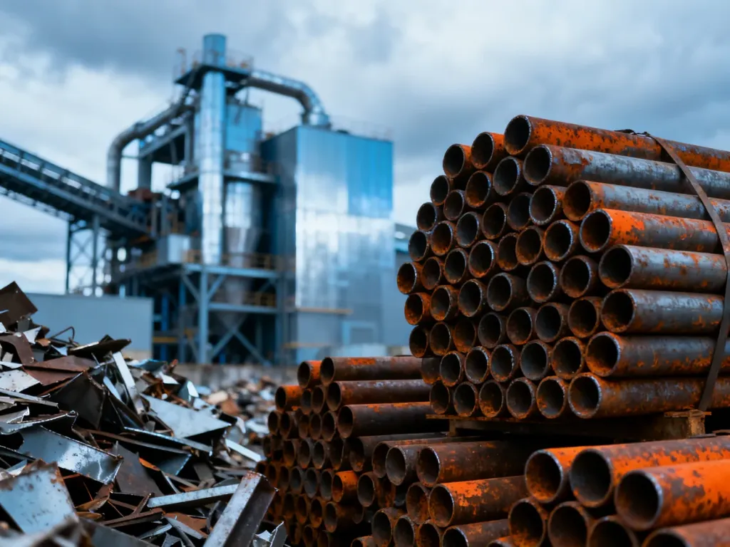 Stos zardzewiałych rur stalowych i złomu na tle nowoczesnej stacji recyklingu metali.