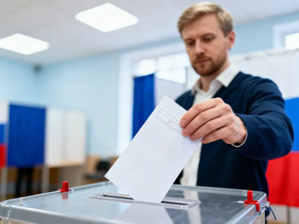 Mężczyzna w kabinie wyborczej trzyma kartę do głosowania, przygotowując się do oddania głosu w lokalu wyborczym.