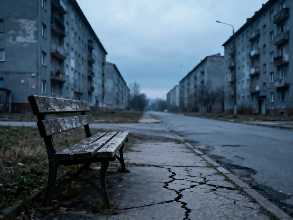 Pusta ulica z opuszczonymi blokami i samotną ławką, obrazująca problem wyludniania się polskich miast.