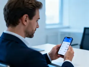 Mężczyzna sprawdza dane bankowe w aplikacji mobilnej na smartfonie w minimalistycznym domowym biurze.