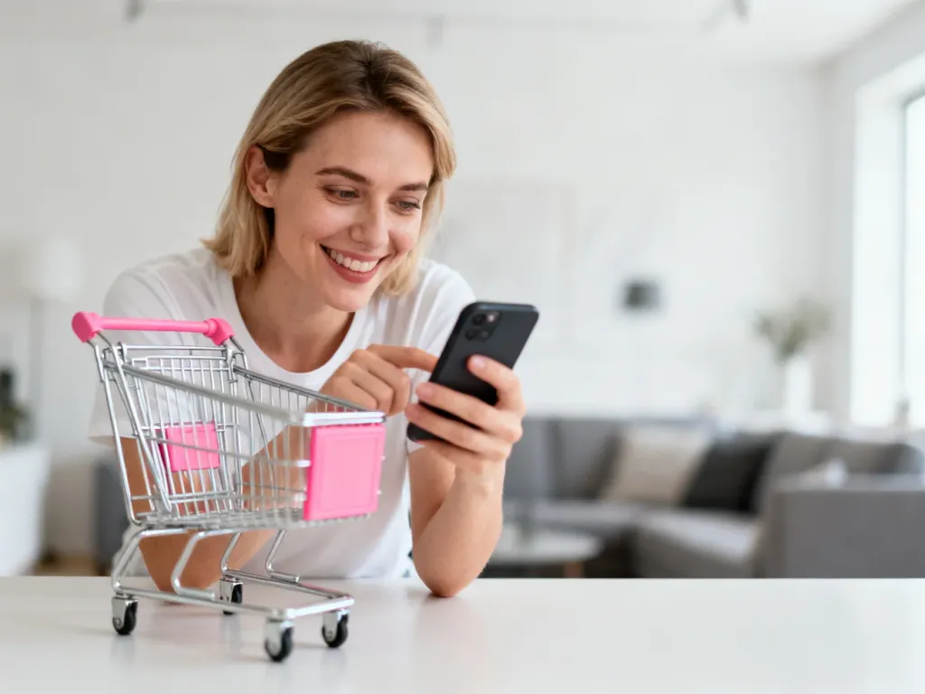 Kobieta zadowolona z zakupów online, przeglądająca koszyk w smartfonie w nowoczesnym salonie.