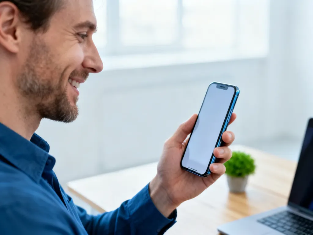 Mężczyzna zadowolony z obsługi bankowości mobilnej na smartfonie w nowoczesnym biurze.