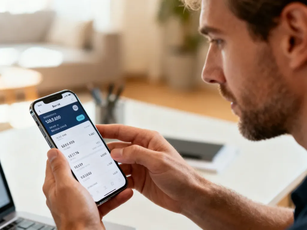Mężczyzna sprawdza dane bankowe w aplikacji mobilnej na smartfonie w minimalistycznym domowym biurze.